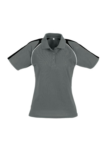 Women's short sleeve polo shirt in grey with black and white accent details; features a collar and a logo.