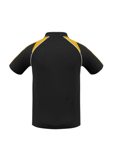 A black polo shirt with yellow accents and a logo on the chest, featuring short sleeves and a classic collar.
