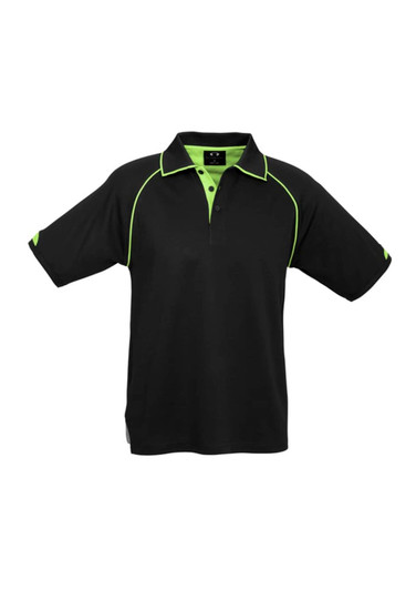 A black short sleeve polo shirt with green accents and a logo on the chest area. Ideal for casual wear.