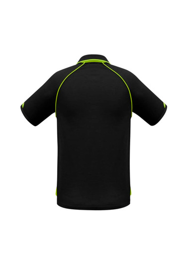 A black short sleeve polo shirt with green detailing and a logo on the chest.