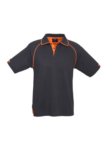A black polo shirt with orange detailing and a logo on the chest.