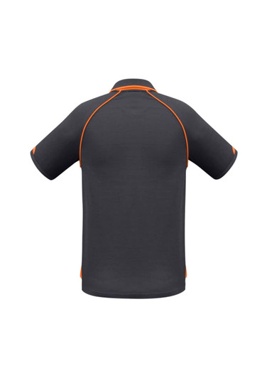A grey short sleeve polo shirt featuring orange accents and a logo on the back.