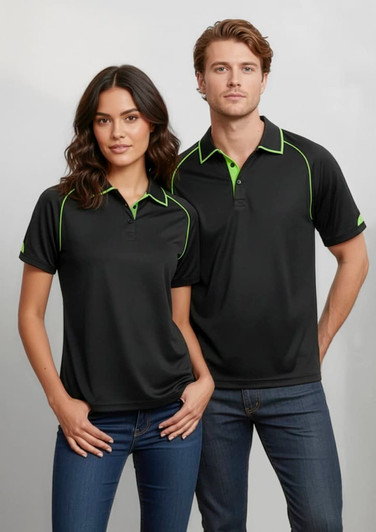 A black short sleeve polo shirt for women with green accents, featuring a logo on the left side.