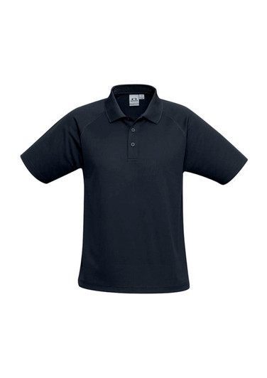 A black short sleeve polo shirt with a collar and a logo on the chest.