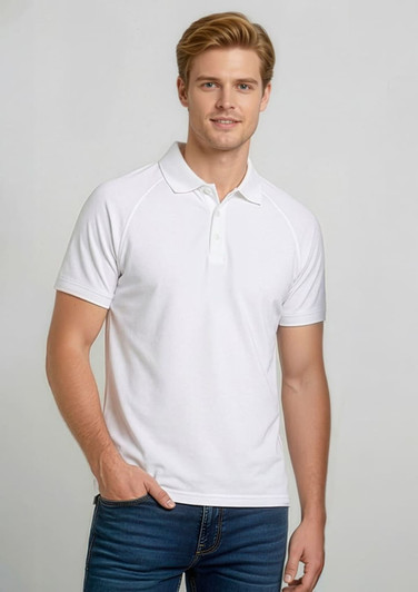 A white men's short sleeve polo shirt with a logo, paired with denim jeans.