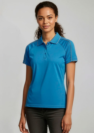 A blue women's short sleeve polo shirt with a logo on the chest and a sleek, modern design.