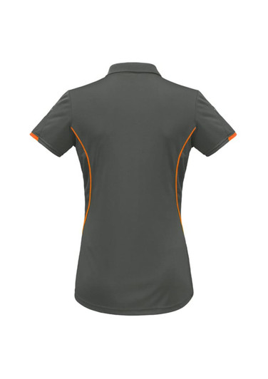 A women's short sleeve polo shirt in grey with orange detailing and a logo. The back view displays a streamlined design.