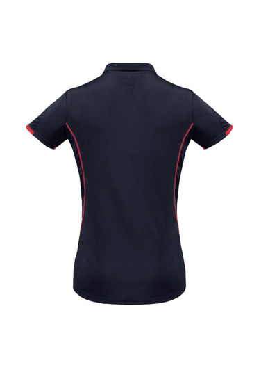 A navy blue women's short sleeve polo shirt with red accents and a branded logo.