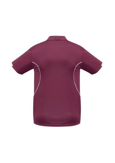 A burgundy kids' polo shirt with short sleeves and white accents, featuring a logo on the back.