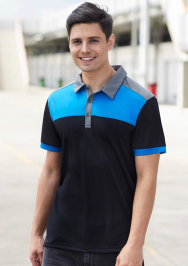 A short sleeve polo shirt in black with blue and grey accents, featuring a collar and buttons, with a logo present.