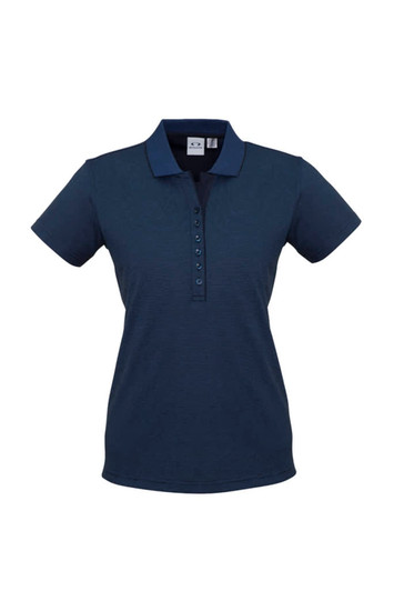 A navy women's short sleeve polo shirt featuring a button placket and a logo on the chest.