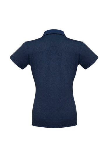 A navy women's short sleeve polo shirt with a fitted design and a collar. It has a logo on the front.