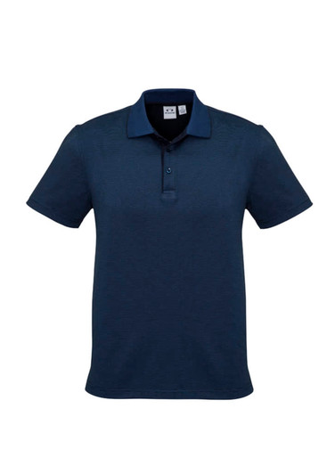 A navy blue men's polo shirt with a textured design and a collar. It features a logo on the front.