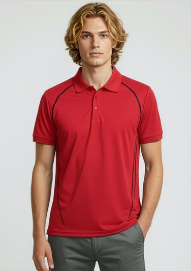 A red short sleeve polo shirt featuring contrasting stitching and a logo. Suitable for casual or sporty wear.