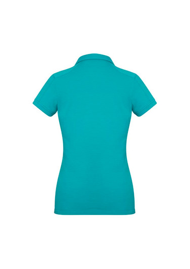A women's short sleeve polo shirt in turquoise with a fitted design and a collar, featuring a branding logo.