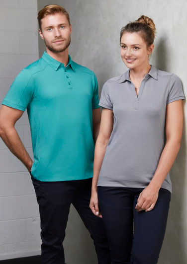 A short sleeve polo shirt in teal for men and light grey for women, featuring a logo on the chest.