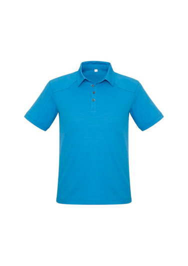 A blue short sleeve polo shirt with three buttons and a subtle texture, featuring a logo.