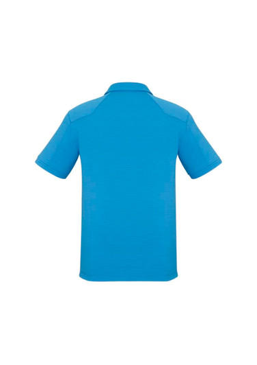 A blue men's short sleeve polo shirt featuring a collar and a branded logo on the back.