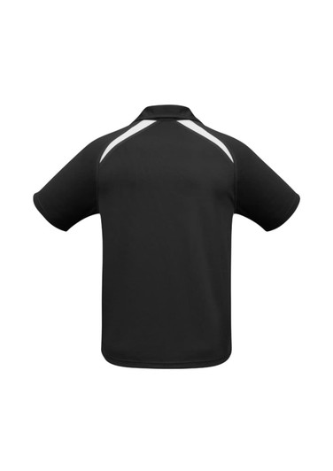 A black kids' polo shirt with short sleeves and white detailing on the back, featuring a logo.