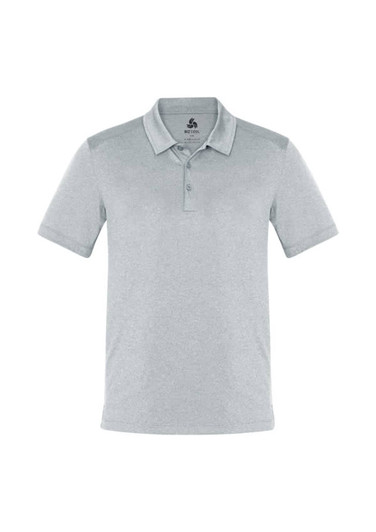 A light grey men's short sleeve polo shirt with a classic collar and a logo on the chest.