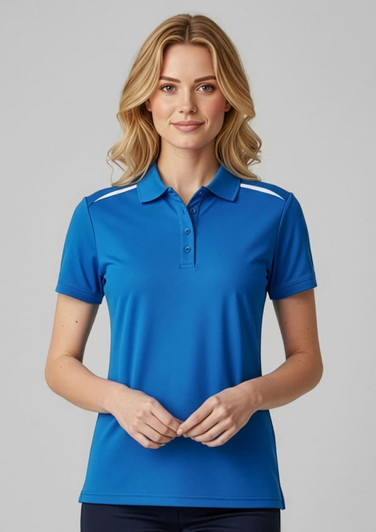 A women's short sleeve polo in vibrant blue, featuring a collar and a logo on the chest.