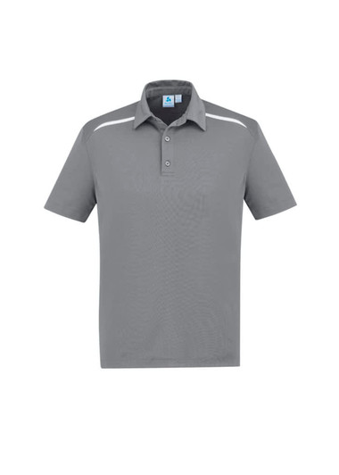 A grey short sleeve polo shirt featuring a logo and contrasting shoulder accents.