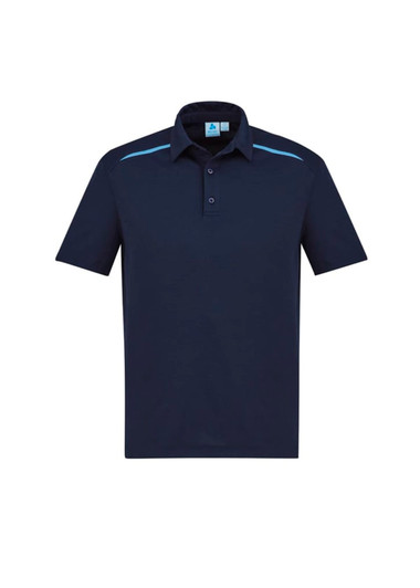 Men's short sleeve polo shirt in navy blue with light blue accents and a logo on the chest.