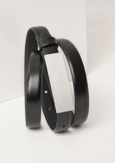 A black women's leather belt with a silver buckle, featuring a sleek design and a branding logo.