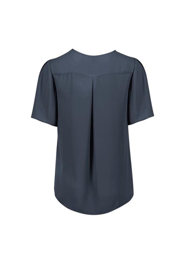 A grey women's short sleeve blouse with a pleat detail at the back and a relaxed fit. It features a simple design and has a logo.