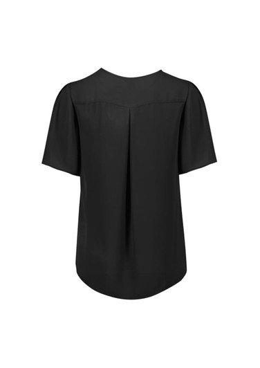 A black women's short sleeve blouse featuring a pleat detail at the back and a smooth fabric finish.