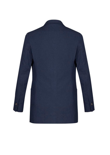 A navy women's blazer featuring a tailored back design with long sleeves and two pockets.