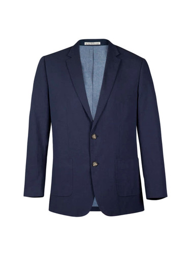 A navy blue men's blazer featuring a two-button closure and a classic lapel design. It includes an inner lining.