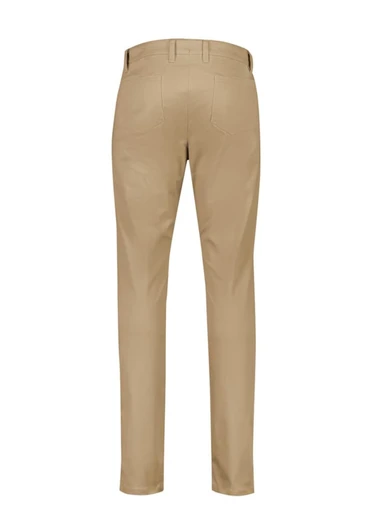 A pair of beige tapered stretch chino pants with back pockets and a logo.
