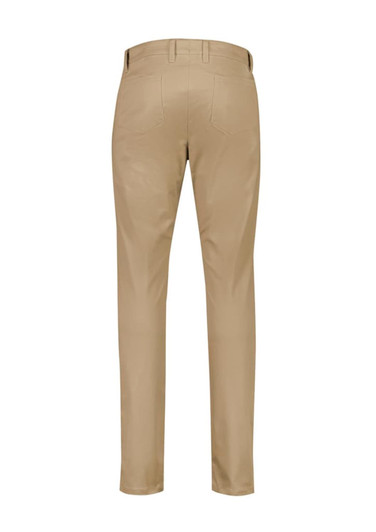 A pair of beige tapered stretch chino pants with back pockets and a logo.