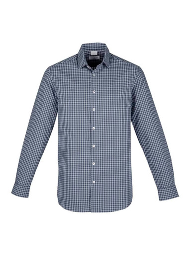 A long sleeve button-up shirt in navy and white check pattern, featuring a crisp collar and a logo on the chest.