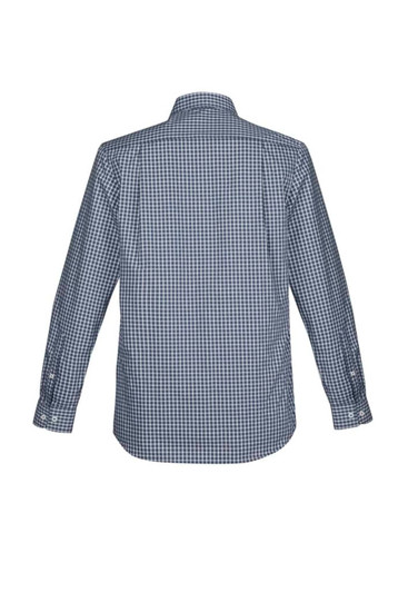 A long sleeve button-up shirt featuring a navy blue and white checkered pattern, with a logo on the back.