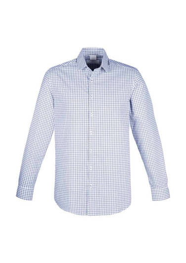 A long sleeve button-up shirt in blue and white check pattern, featuring a collar and a logo.