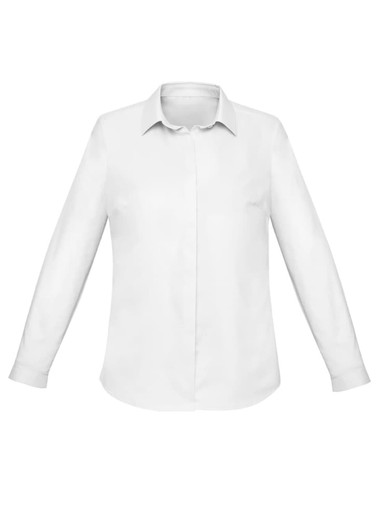 A white long sleeve button-up shirt for women, featuring a classic collar and cuffs, with a simple design.