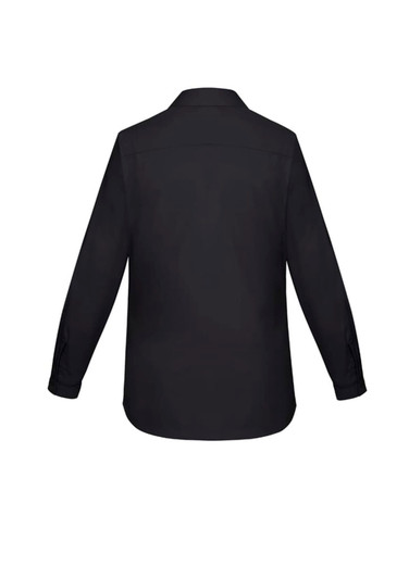 A black women's long sleeve button-up shirt with a back view, featuring a collar and button details.
