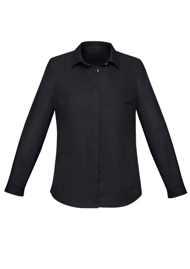 A black long sleeve button-up shirt for women with a collar and a front placket. Includes a logo.
