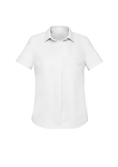 A short sleeve, button-up shirt in white with a collar. Features a logo on the side.