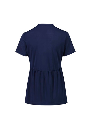A navy blue women's tunic with a relaxed fit and short sleeves, featuring a gathered waist.