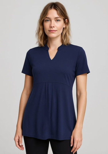 A women's navy stretch tunic T-top with a v-neck design and short sleeves, featuring a subtle pleated detail.