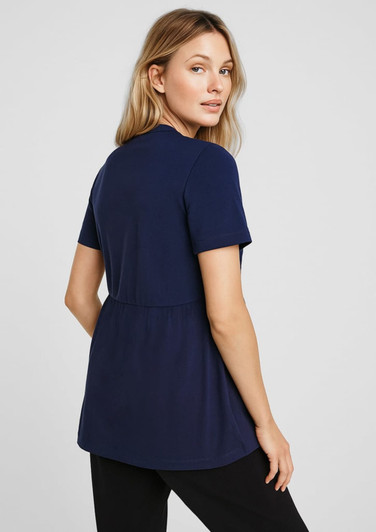 A navy blue women's tunic with short sleeves and a relaxed fit, featuring a simple design and a logo.
