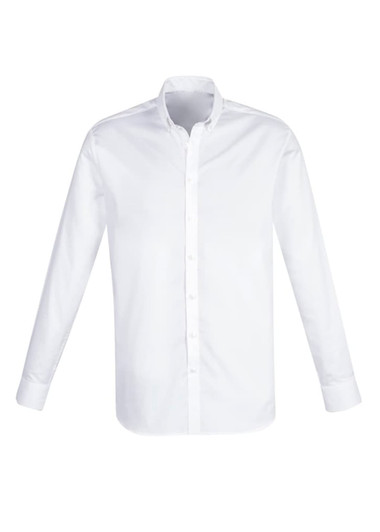 A white long sleeve button-up shirt with a collar, featuring a logo.