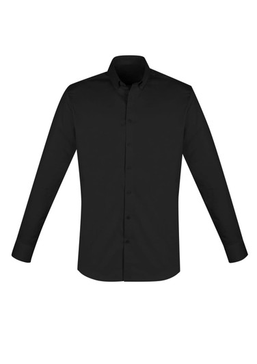 A black long sleeve button-up shirt with a collar and a logo on the chest.