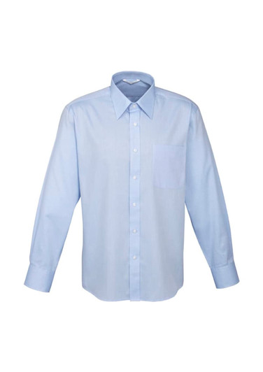 A light blue long sleeve button-up shirt with a single chest pocket and a collar, featuring branding.