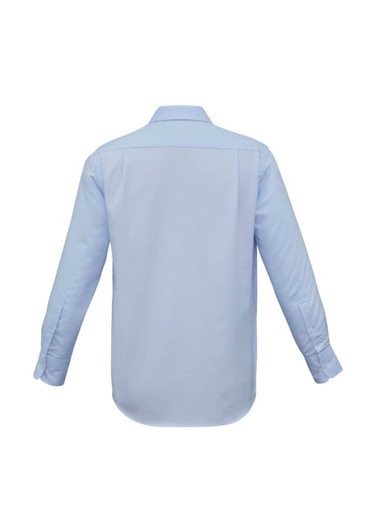 A light blue long sleeve button-up shirt with a back view, featuring a collar and cuffs. Includes a logo.