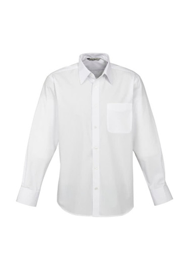 A white long sleeve button-up shirt featuring a single chest pocket and a collar. Includes branding.