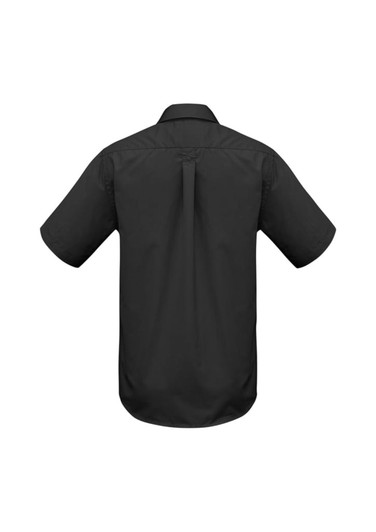 A black short sleeve button-up shirt featuring a back pleat and a collar, with a logo on the back.